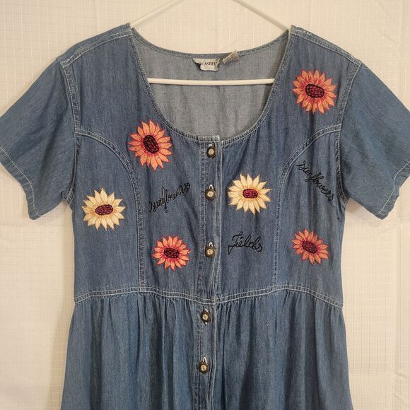 Jane Ashley VTG Denim Embroidered sunflower dress LG grannycore cottagecore boho - Picture 4 of 10